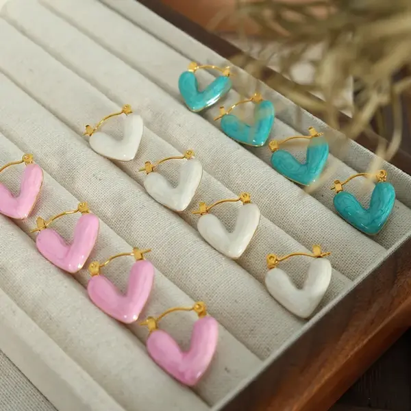 304 Stainless Steel Heart Shape PVD Coated 18K Gold Plated Real Gold Plated 18K Gold Elegant Cute Sweet Waterproof Non Tarnish Plating Light Blue White Pink Earrings