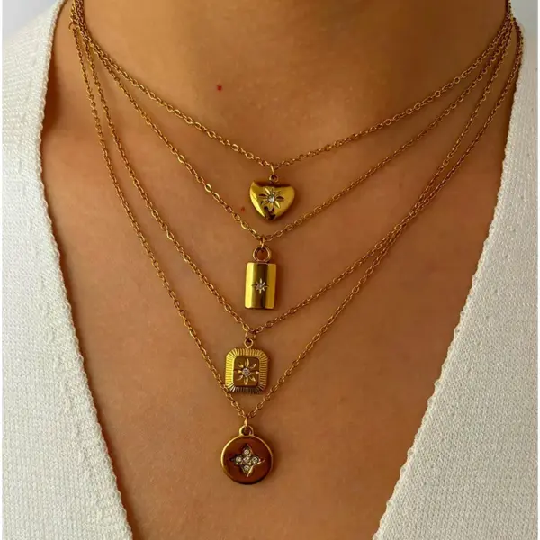 304 Stainless Steel Square Heart Shape PVD Coated Rhinestones Real Gold Plated Retro Simple Style Waterproof Non Tarnish Surgical Steel Cable Chain Gold Pendant Necklace