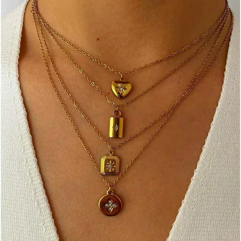 Wholesale 304 Stainless Steel Square Heart Shape PVD Coated Rhinestones Real Gold Plated Retro Simple Style Waterproof Non Tarnish Surgical Steel Cabl