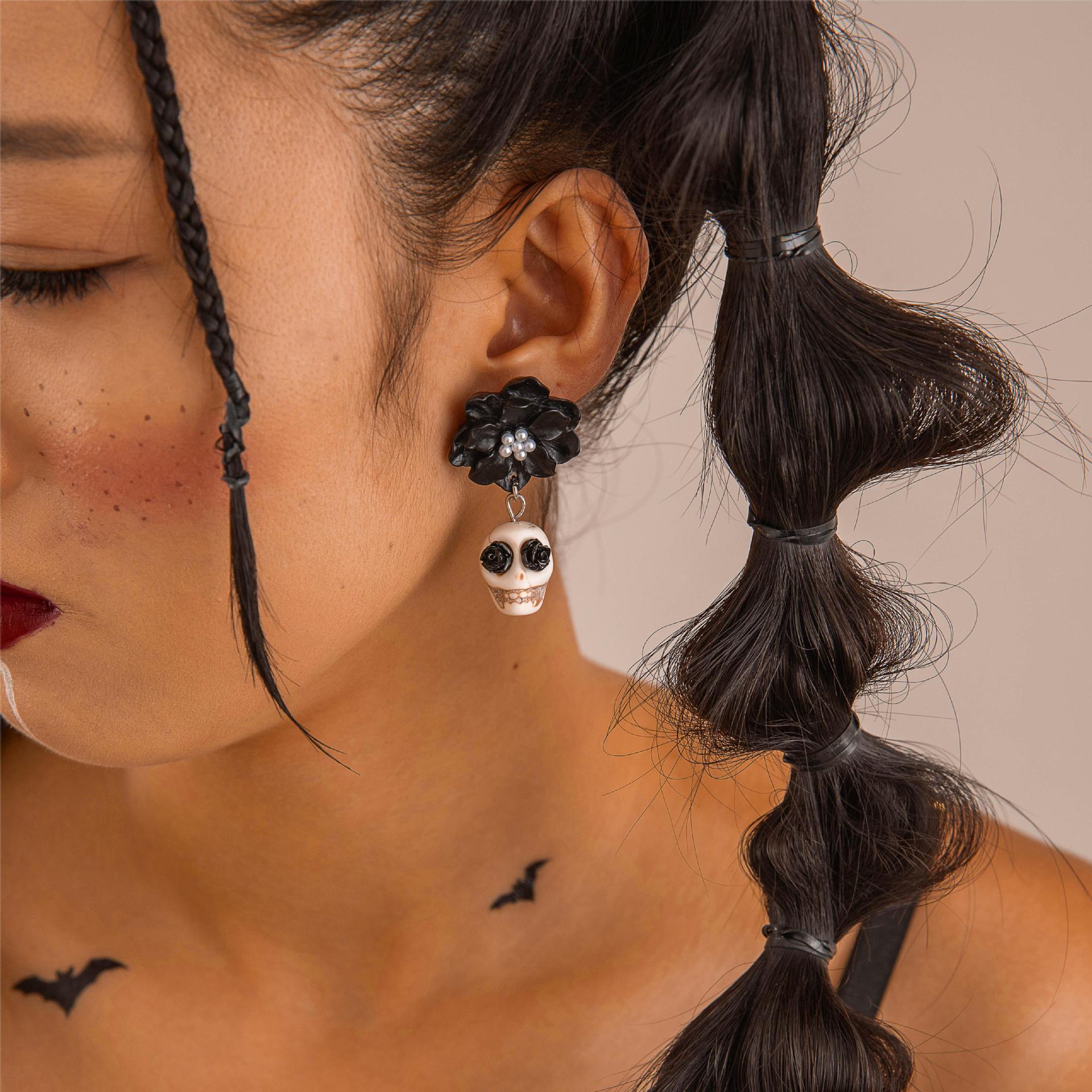 Wholesale European and American Cross-border Dark Skull Black Camellia Earrings Funny Fun Earrings Earrings Women
