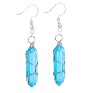 Silver Turquoise Earrings / Wire-Wound Hexagon Prism Earrings