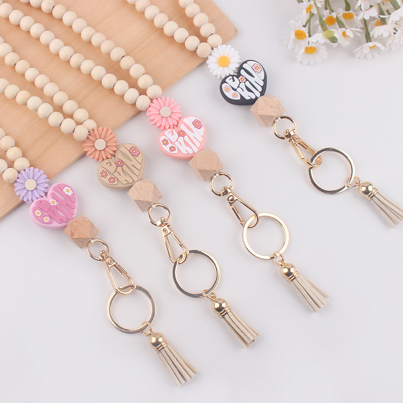 Wholesale New Wooden Bead Necklace Keychain Cartoon Silicone Beaded Pendant Bracelet Keychain Aessories