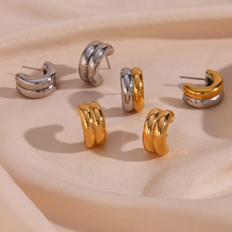 Wholesale PVD Coated Real Gold Plated 18K Gold C Shape 304 Stainless Steel Fashion Waterproof Non Tarnish Hoop Earrings