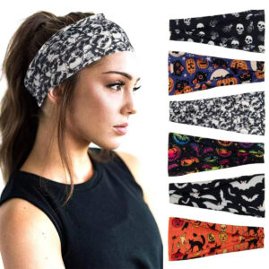 Wholesale Cross-border European and American Halloween skull print headband, sports elastic headband, funny pumpkin print bouquet headband