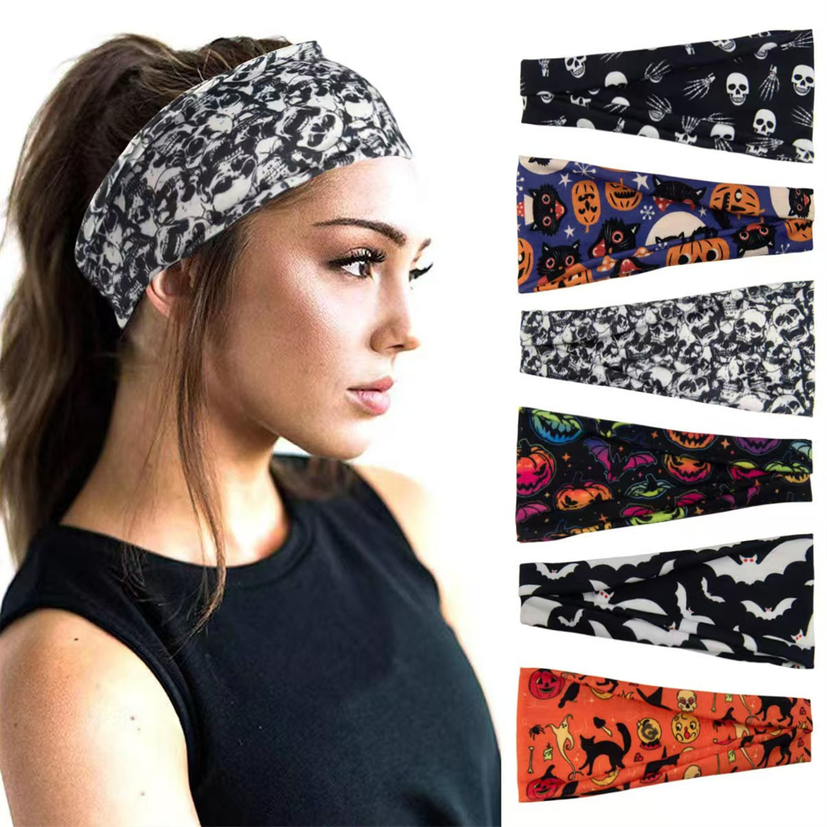 Wholesale Cross-border European and American skull print headband, srts elastic headband, funny pumpkin print bouquet headband