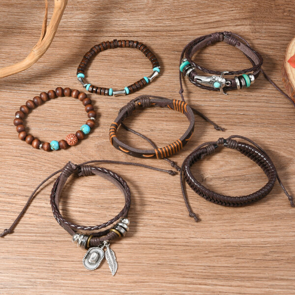 Wholesale Cross-border New Products European and American Retro Style Cowboy Hat Feather Niutou Multi-layer Stretch Rope Handmade Men's Leather Bracelet