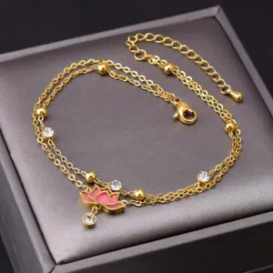 Wholesale Jewelry Lady Flower 304 Stainless Steel Artificial Diamond 18K Gold Plated Inlay Anklet