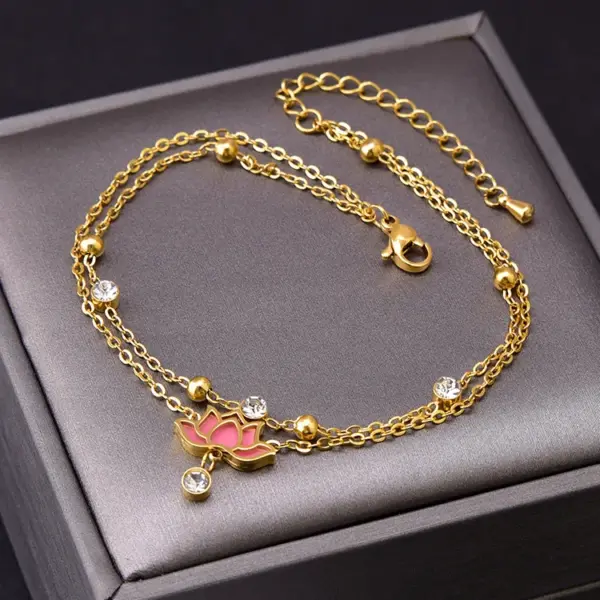 Wholesale Jewelry Lady Flower 304 Stainless Steel Artificial Diamond 18K Gold Plated Inlay Anklet