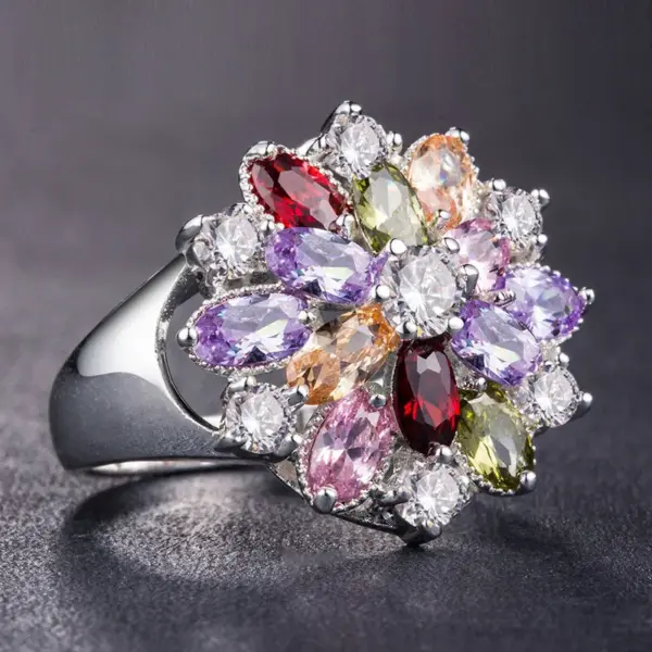Wholesale Creative Fashion Copper Inlaid Color Zircon Flower Shape Ring