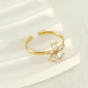 Wholesale PVD Coated 18K Gold Plated Flower 304 Stainless Steel Elegant Waterproof Non Tarnish Open Rings