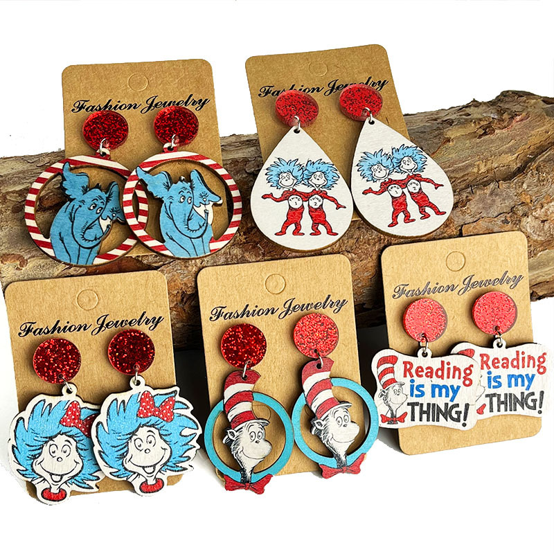 Wholesale Amazon cross-border sply teacher reading earrings wooden printed glitter earrings acrylic reading fun earrings