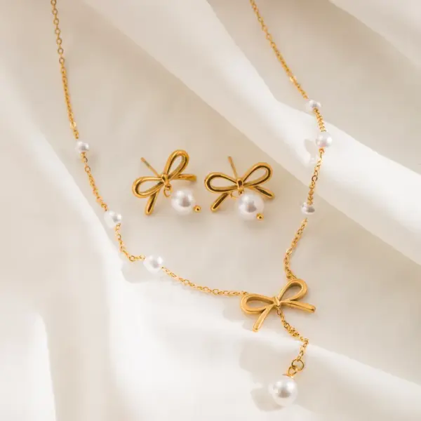 Wholesale Jewelry Simple Style Classic Style Bow Knot 304 Stainless Steel Artificial Pearls 18K Gold Plated Jewelry Set