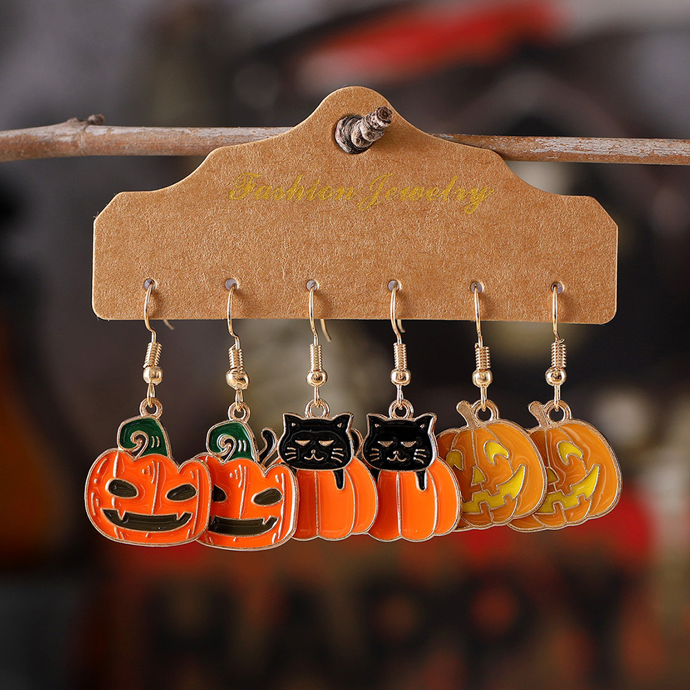 Wholesale Cross-Border New Black Cat Grimace Pumpkin Pendant Oil op Earrings Set Party Earrings Gift