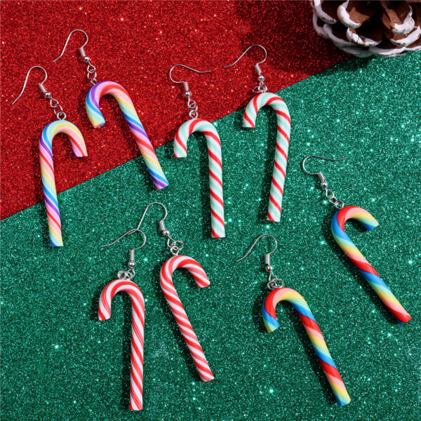 Wholesale Large Candy Cane Christmas Colorful Stripesd Rainbow Candy Pendant Earrings