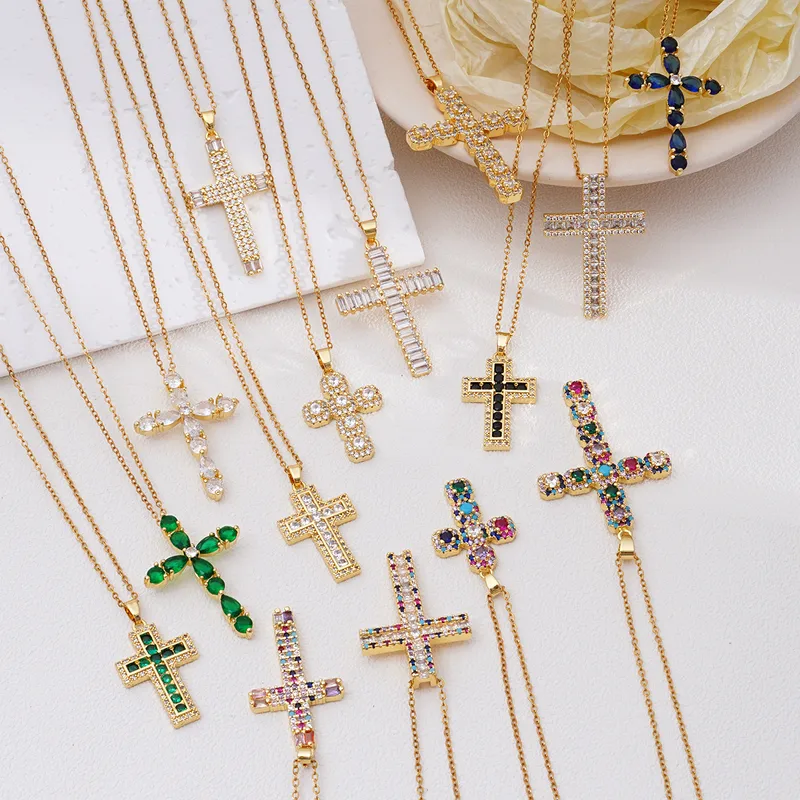 Wholesale 304 Stainless Steel Copper Inlay Cross Zircon Pendant Necklace