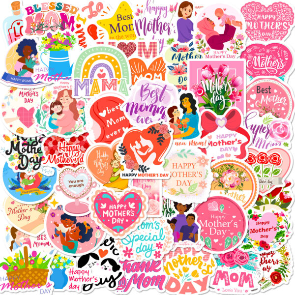 oly-9e636e88625ec03f8fe76b80e4aedc5f Wholesale 50 pieces I LOVE YOU MOM stickers Happy Mother's Day flowers bouquet baking cake label stickers