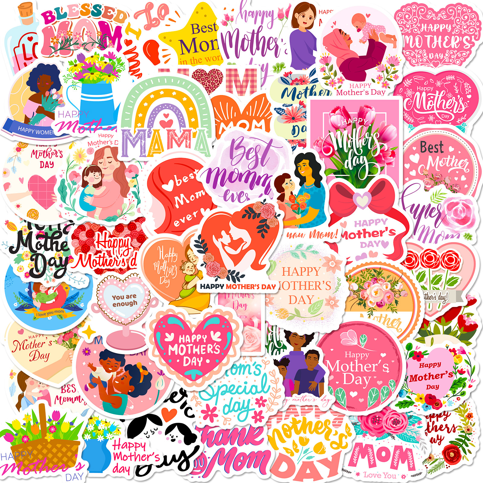 Wholesale 50 pieces I LOVE YOU MOM stickers Happy Mother's Day flowers bouquet baking cake label stickers