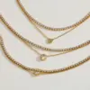Geometric Heart Shaped Pendant Double Layer Necklace Bracelet Set Stainless Steel Plated 18K Gold Embedded Zirconia Elegant Jewelry