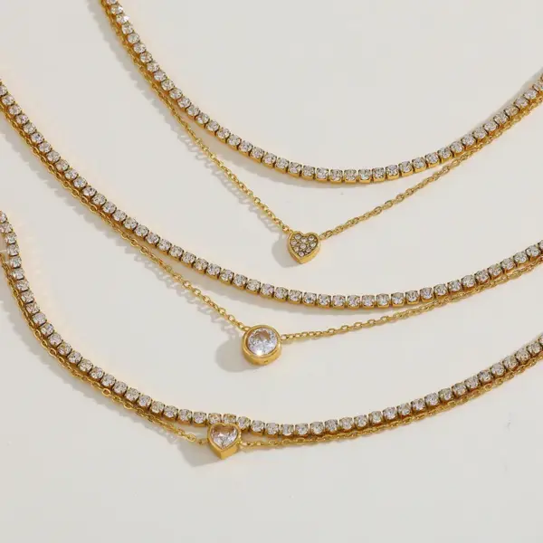 Geometric Heart Shaped Pendant Double Layer Necklace Bracelet Set Stainless Steel Plated 18K Gold Embedded Zirconia Elegant Jewelry