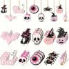 Wholesale 20Pcs Halloween Wooden Hanging Ornaments Pink Black Skull Pumpkin Spider Cat Eyeball with Rope Party Supplies