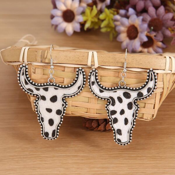 Wholesale Cross-border independent station vintage western style plush cow head leopard print stickers leather metal alloy earrings in stock