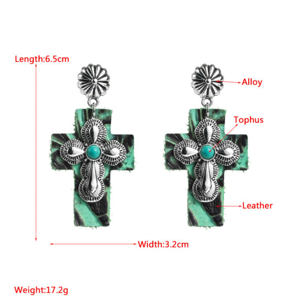 oly-9e957fbde20a9539aeab5fb229c11ea9 Wholesale Exaerated Cross Earrings with Inlaid Turquoise Leather