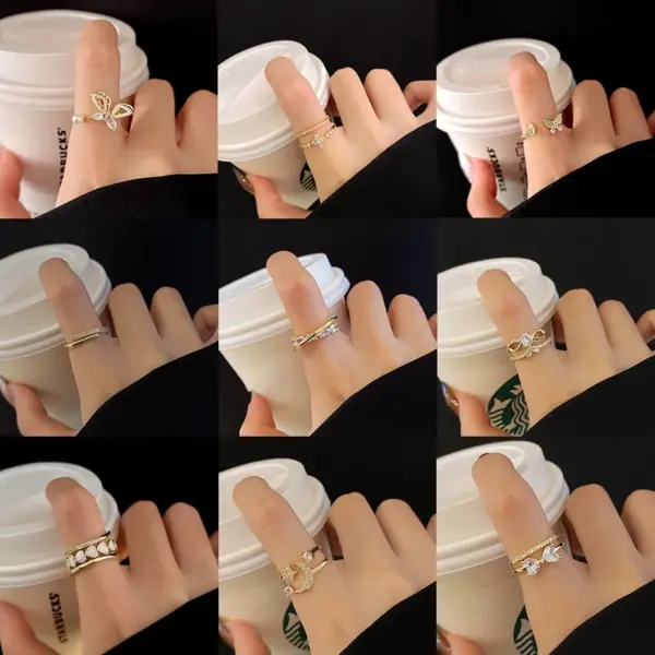 Retro Geometric Butterfly Bow Knot Copper Inlay Artificial Pearls Zircon Rings