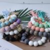 Wholesale Printed wooden bead bracelet with tassel wrist keychain