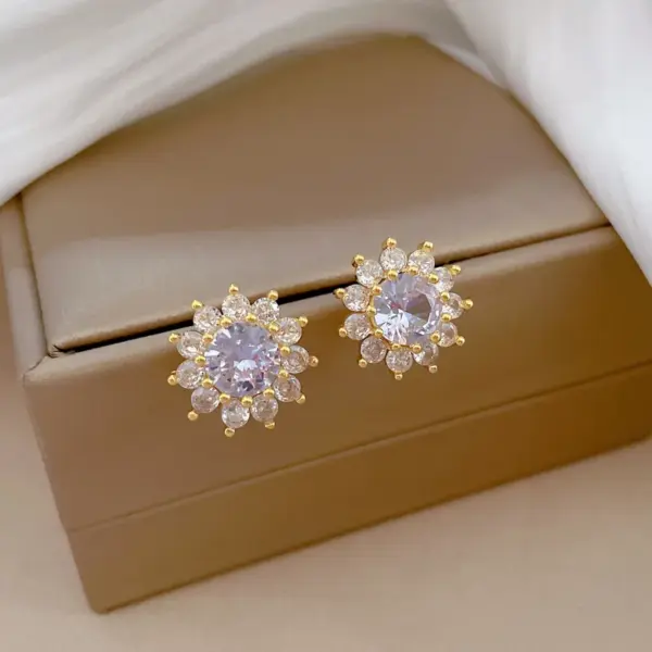 Wholesale Real Gold Plated 304 Stainless Steel PVD Coated Zircon Flower Waterproof Non Tarnish Luxurious Earrings Necklace For Women'S