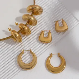 Wholesale PVD Coated Real Gold Plated 18K Gold Geometric 304 Stainless Steel Retro Waterproof Non Tarnish Hoop Earrings