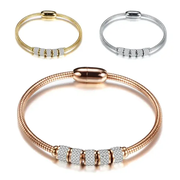 Wholesale Fashion Round Stainless Steel Inlay Artificial Diamond Bangle 1 Piece