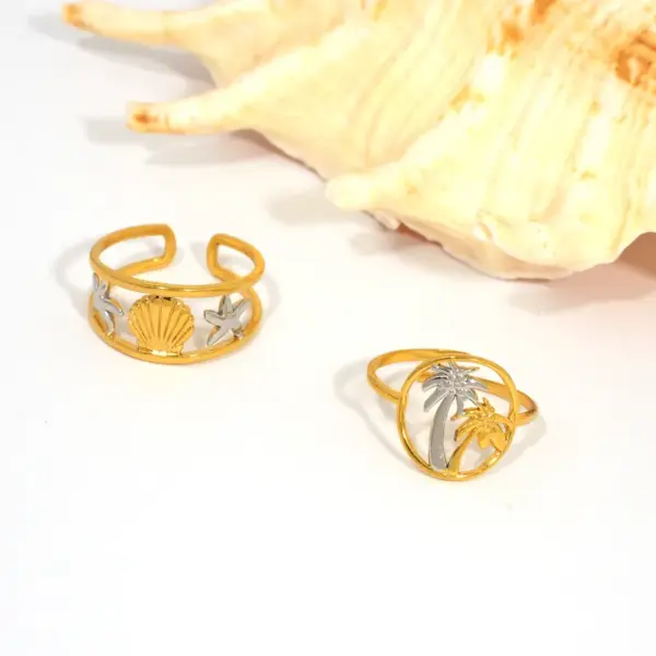 Wholesale PVD Coated Real Gold Plated 18K Gold Coconut Tree Starfish Ocean 304 Stainless Steel Retro Vacation Waterproof Non Tarnish Open Rings