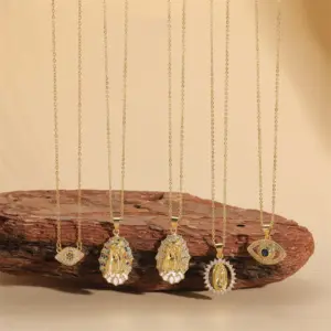Wholesale Simple Style Virgin Mary Devil's Eye Copper 14k Gold Plated Zircon Pendant Necklace In Bulk