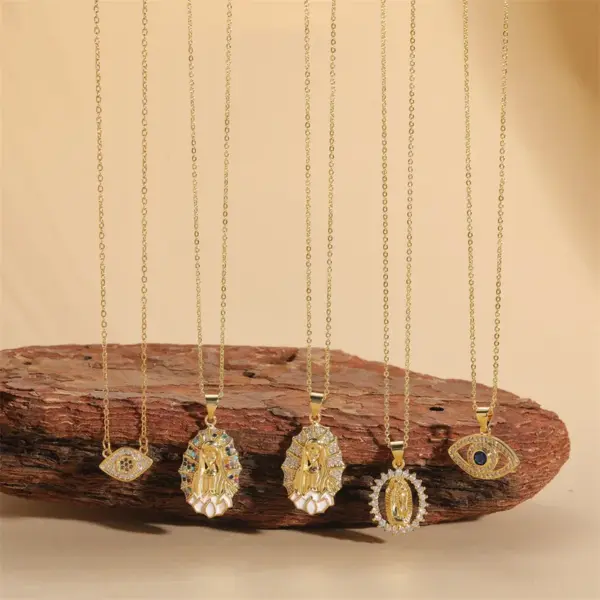 Wholesale Simple Style Virgin Mary Devil's Eye Copper 14k Gold Plated Zircon Pendant Necklace In Bulk