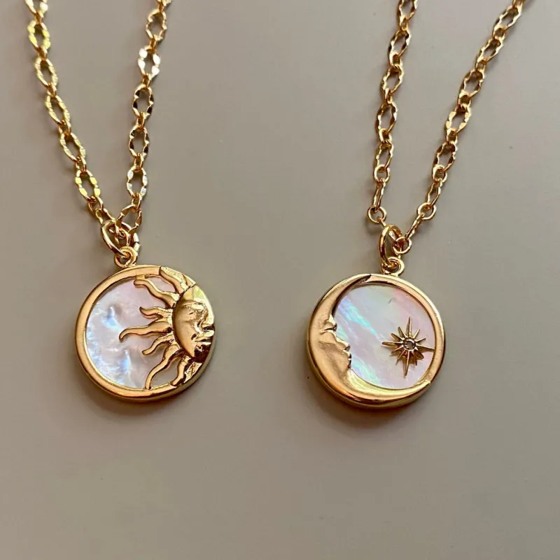 Wholesale 304 Stainless Steel 18K Gold Plated Retro Enamel Plating Sun Moon Shell Pendant Necklace
