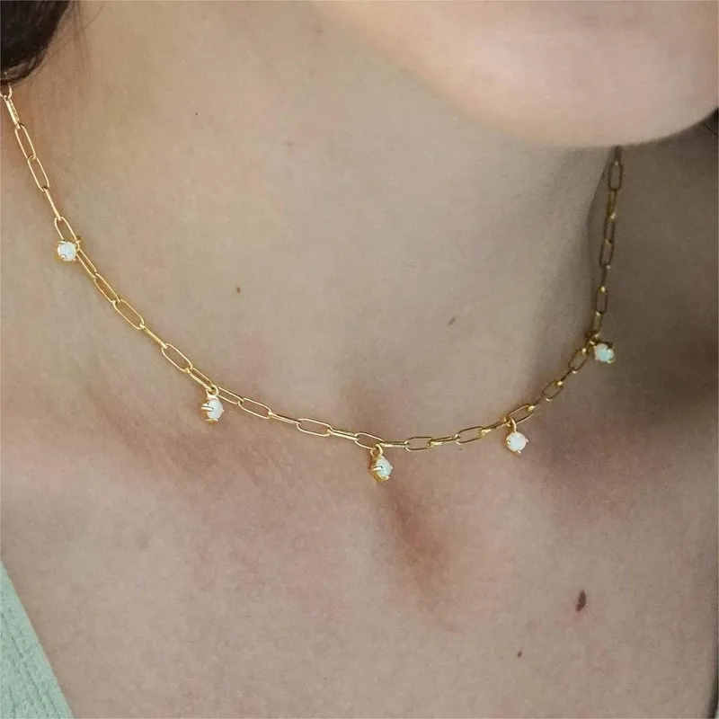 Wholesale Glass Copper 18K Gold Plated Simple Style Plating Inlay Round Opal Zircon Necklace