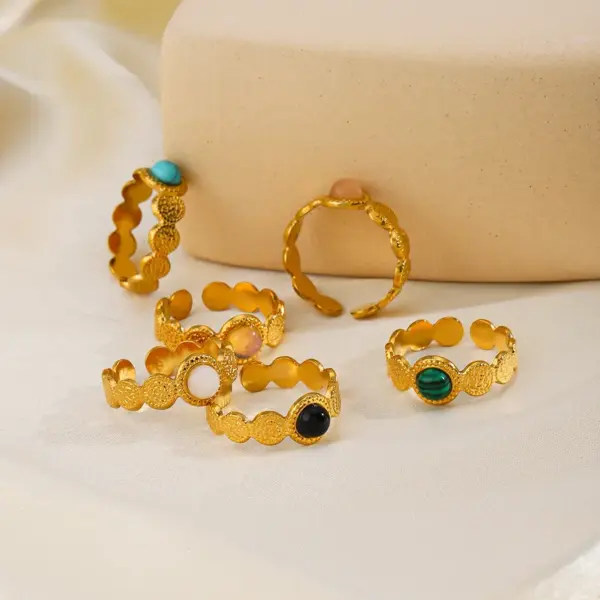 304 Stainless Steel 18K Gold Plated IG Style Plating Inlay Geometric Natural Stone Turquoise Opal Open Ring