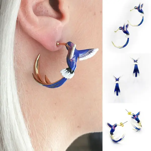Hummingbird Bird Copper Cute Enamel Earrings Ear Studs