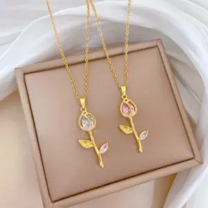 Wholesale Titanium Steel Copper Gold Plated Inlay Tulip Artificial Pearls Zircon Pendant Necklace