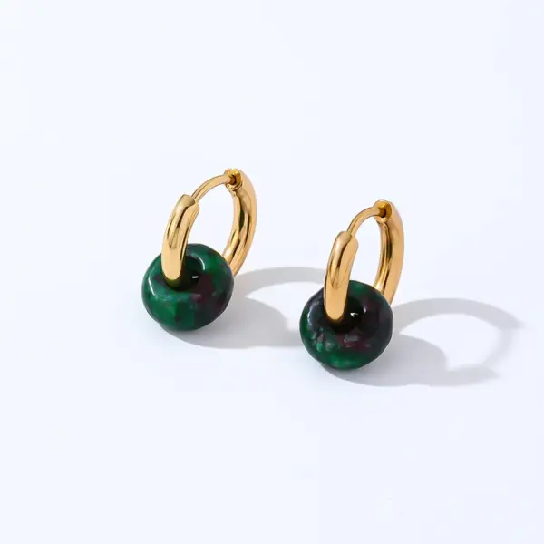 Wholesale PVD Coated K Gold Plated Round 304 Stainless Steel Natural Stone Retro Simple Style Waterproof Non Tarnish Hoop Earrings