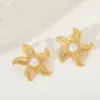Wholesale 1 Pair Elegant Retro Artistic Geometric Flower Inlay 304 Stainless Steel Imitation Pearl 18K Gold Plated Ear Studs
