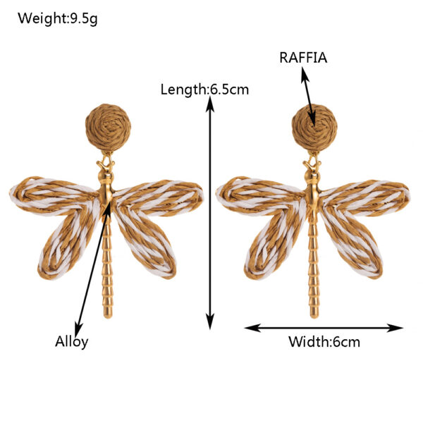 Wholesale European and American Exaggerated Hand-woven Rafi Grass Dragonfly Earrings Bohemian Niche Holiday Style Fresh Earrings Earrings