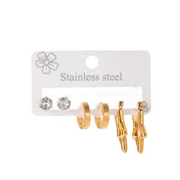 Wholesale Elegant Simple Texture Stainless Steel Zirconia Stud Earrings Women's Fashion Summer Jewelry Geometric Pattern Ear Jewelry