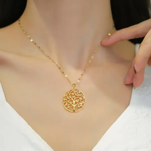 Wholesale Fashion Round Tree Titanium Steel Copper Zircon Pendant Necklace In Bulk