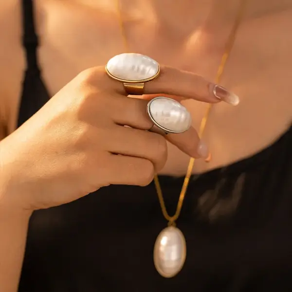 Wholesale 304 Stainless Steel Geometric PVD Coated Fritillary Real Gold Plated Elegant Classical Simple Style Waterproof Non Tarnish Inlay Rings Earrings Necklace