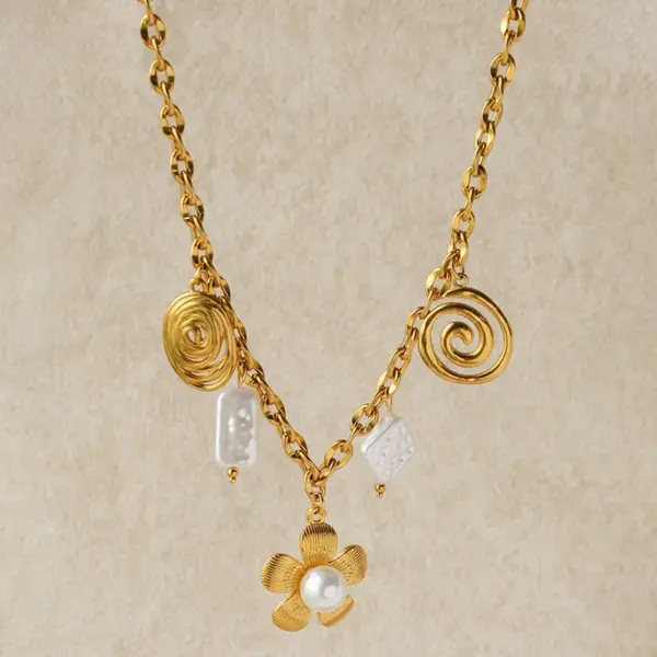 Wholesale Jewelry Elegant Baroque Style Geometric Flower 304 Stainless Steel Artificial Pearls 14K Gold Plated Multi Charms Necklace