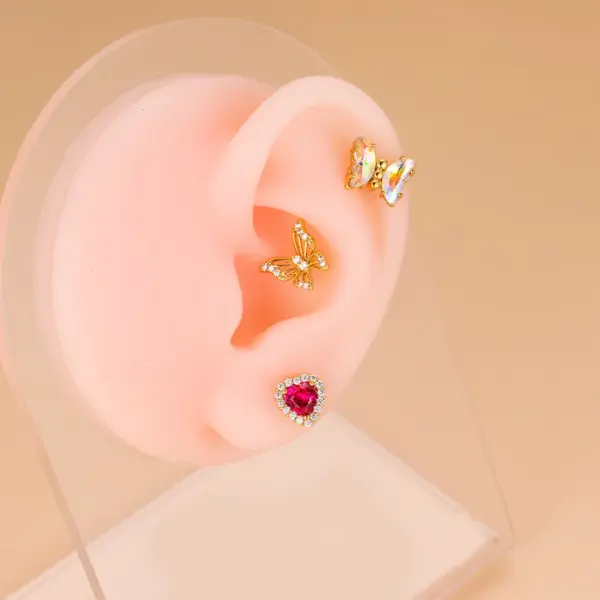 1 Piece 316L Stainless Steel Copper Zircon Ear Cartilage Rings & Studs Heart Shape Butterfly Waterproof Non Tarnish Surgical Steel