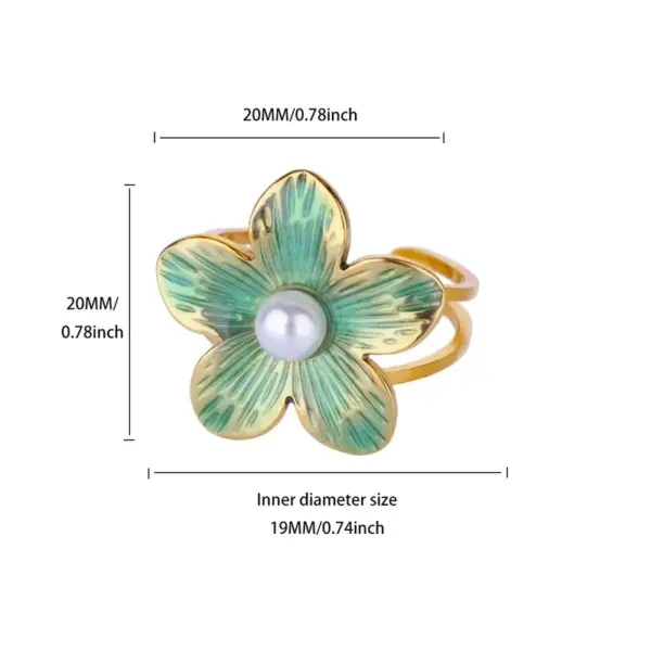Wholesale Stainless Steel Colorful Flower Ring For Women 18K Gold Plated Elegant Pearl Embedded Adjustable Open Mouth Finger Ring