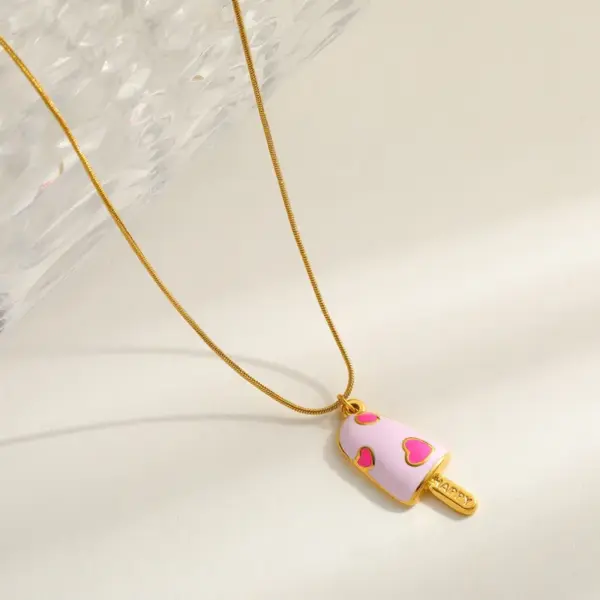 Wholesale Adorable Fresh 18K Gold Plated Stainless Steel Ice Cream Pendant Necklace Drop Oil Design Casual Romantic Commute Style