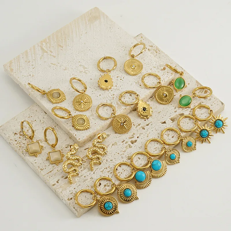 Wholesale 1 Pair Retro Round Water oplets Snake Inlay 304 Stainless Steel Artificial Gemstones Turquoise 18K Gold Plated Stainless Steel Earrings